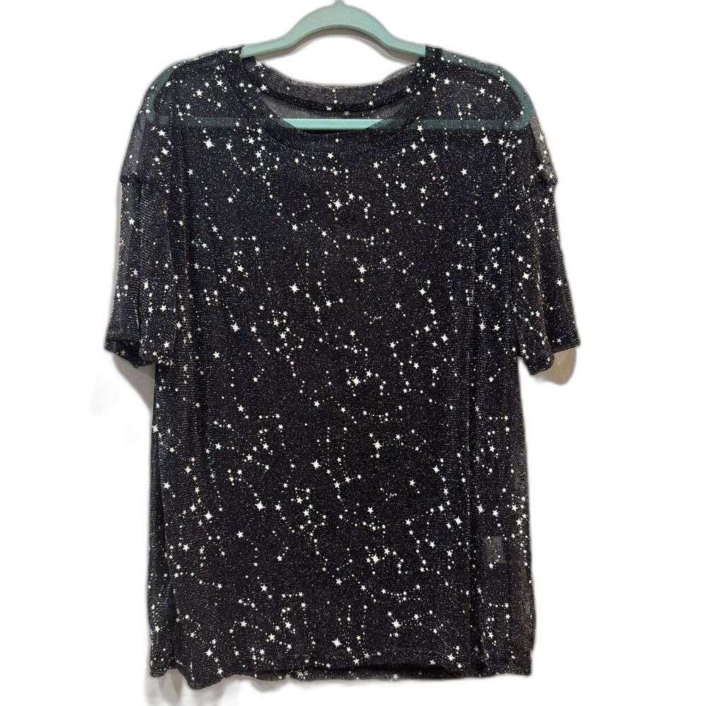 Sheer Mesh Top Star Print Black Oversized Celestial Grunge Y2K Women sz Large - Picture 2 of 8